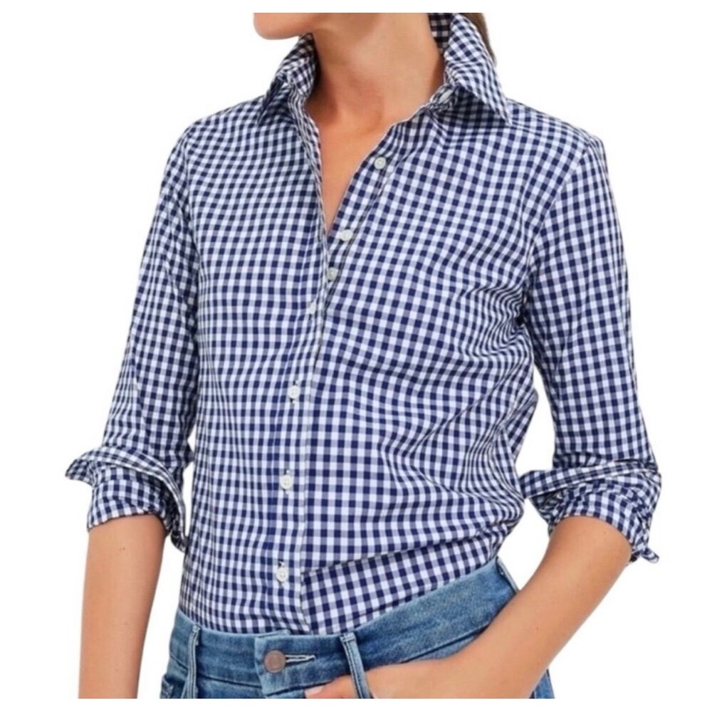 NEW UNTUCKit Womens Navy Blue Gingham Cotton Button Down Shirt Size 16